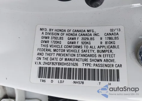 2013 Honda Civic Ex from USA, damaged, VIN 2HGFB2F8XDH531626